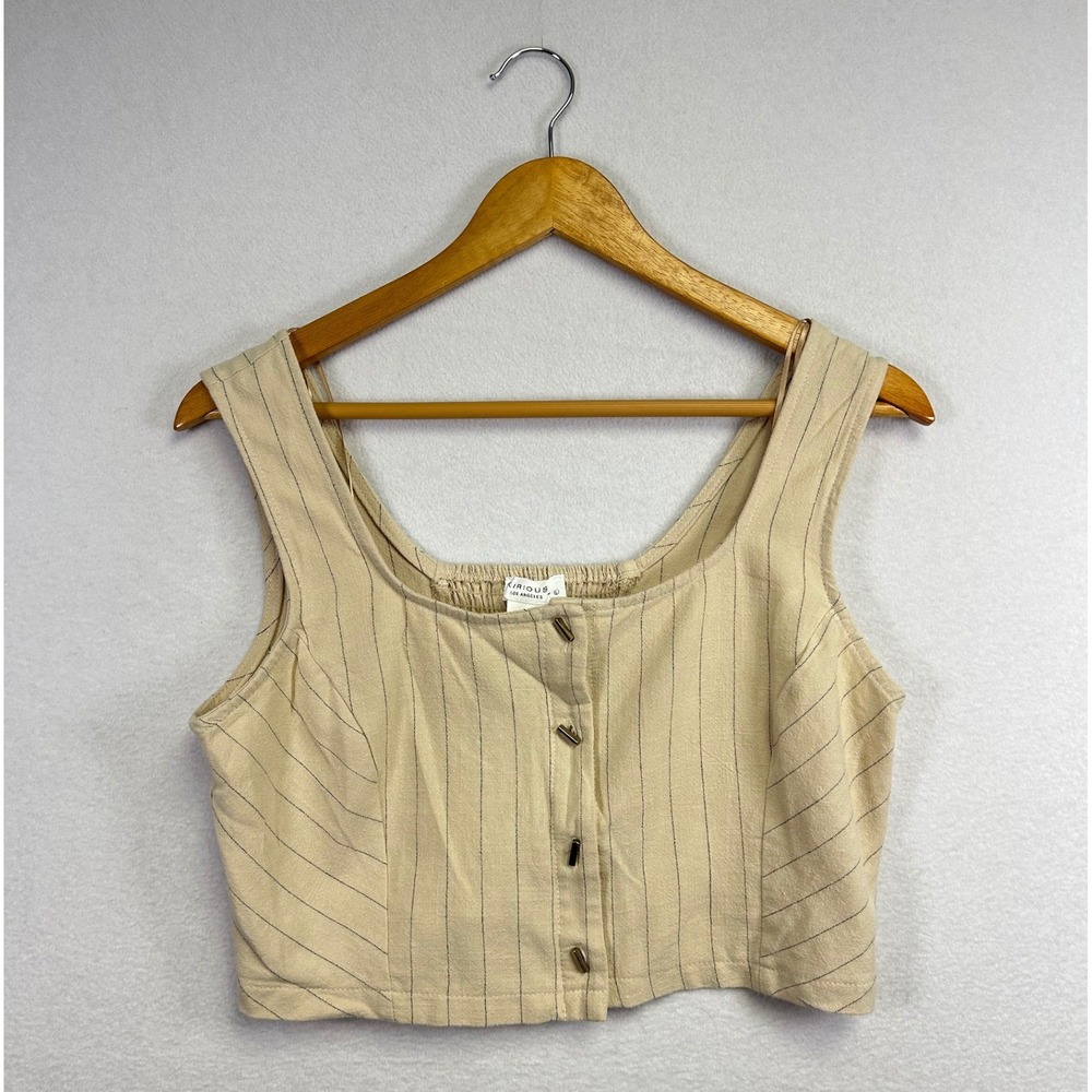Kiriou Los Angeles Beige Pinstripe Square Neck Button Front Crop Top Women